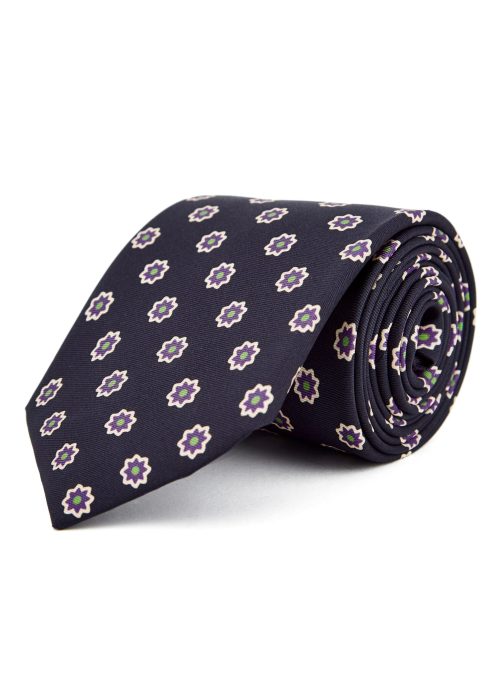 Silk tie in navy with flower pattern