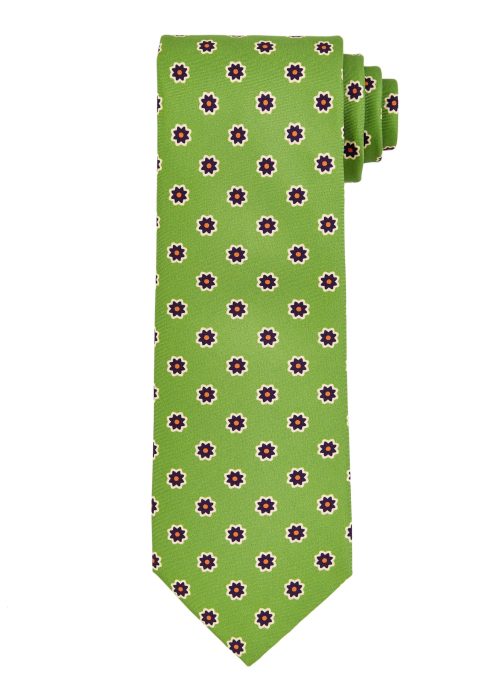 Silk men's tie in green with small flower pattern.