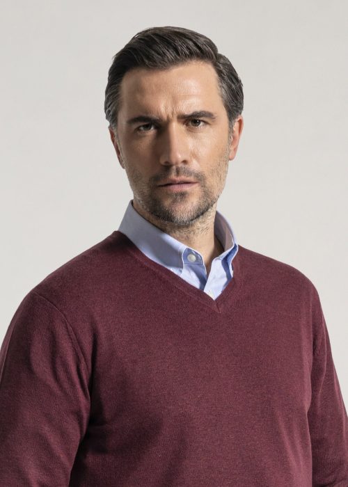 Men's v neck merino sweater in damson red