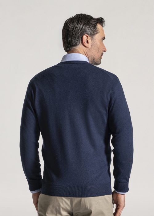 Navy merino cardigan with ribbed hem and cuff