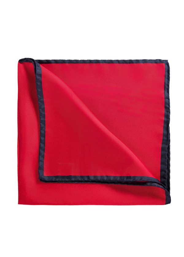 Roderick Charles red and navy silk pocket square with hand rolled edges