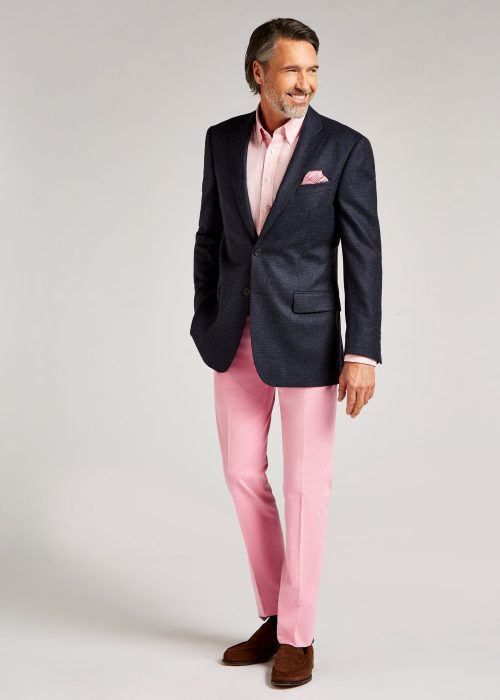 Roderick Charles navy glen check jacket styled with pink chinos