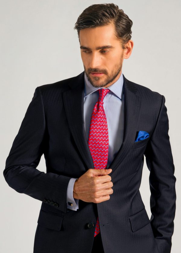 Tailored Fit Fine Navy Herringbone Suit - Roderick Charles