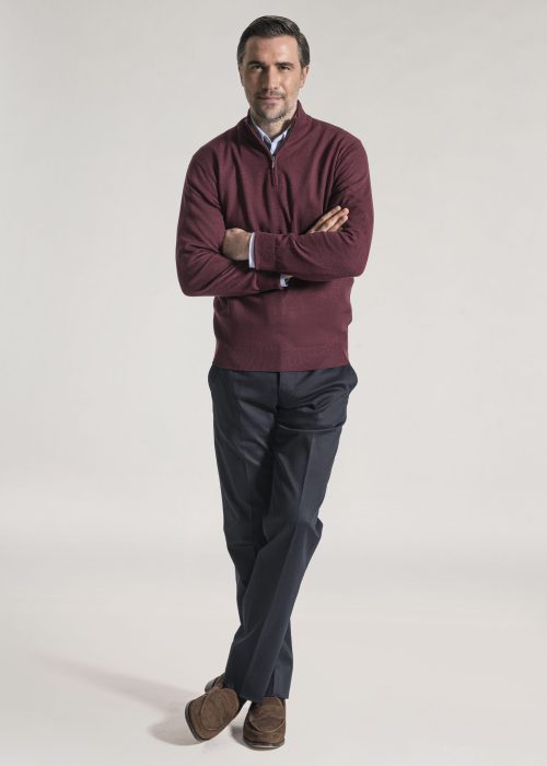 Merino men's quarter zip sweater in damson