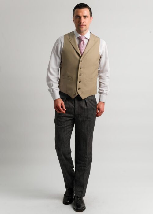 Single breasted men's formal tan waistcoat for morning suit outfit.