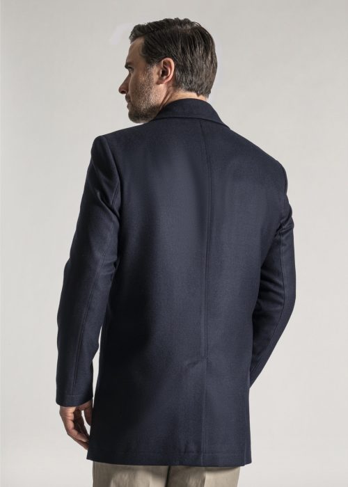 Back of men's navy three quarter wool overcoat