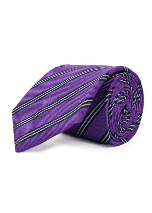 Men's purple and navy silk tie with triple stripes