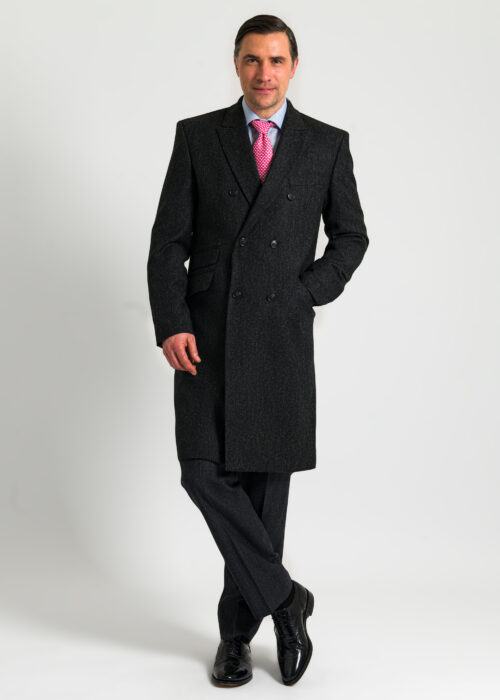 Dark grey herringbone wool double breasted overcoat.