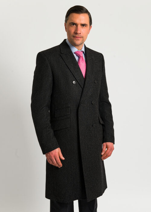 Beautifully made double breasted grey herringbone wool men's overcoat.