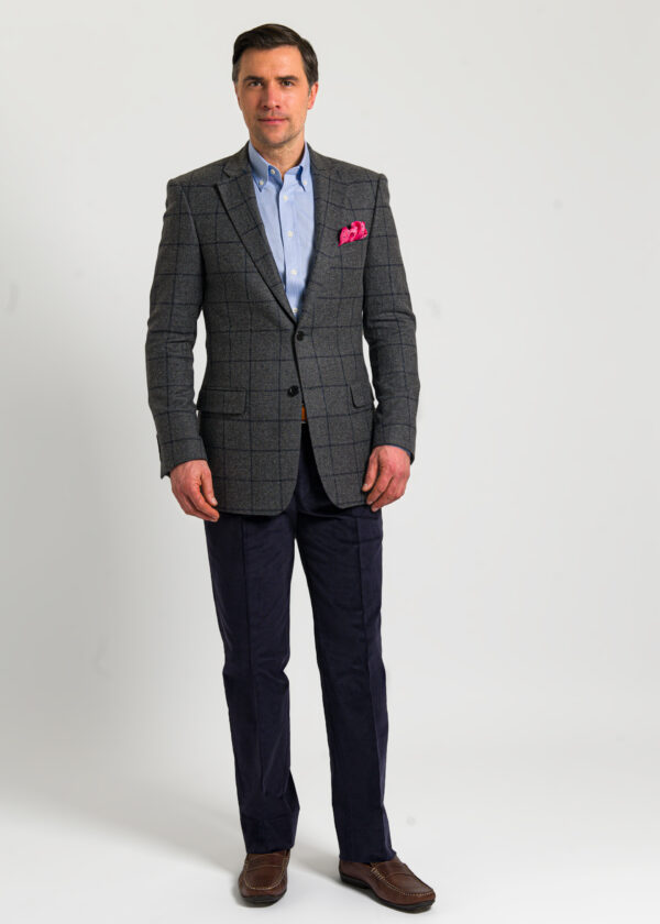 Men's grey tweed jacket with blue overcheck.