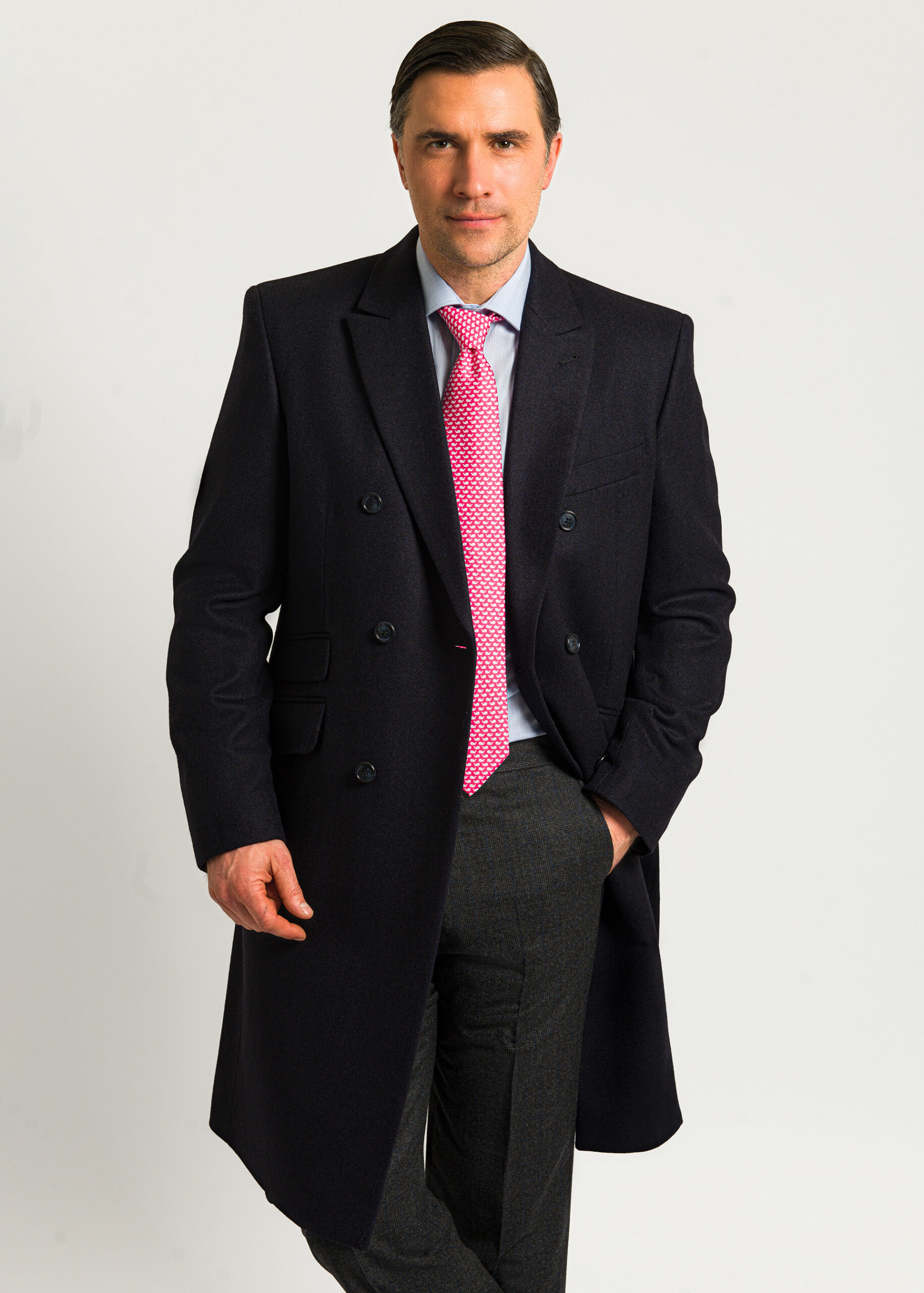 Double Breasted Navy Herringbone Coat - Roderick Charles