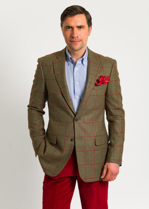 Tan wool jacket with a red windowpane check running through it.