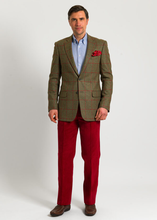 Tan and red overcheck wool country jacket, styled with red moleskin trouser.