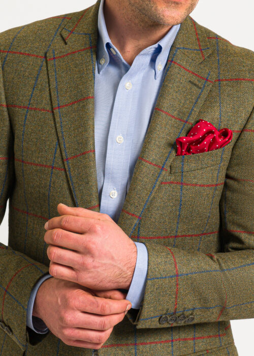 Green, blue and red tweed jacket with red pocket square, perfect for smart and casual events.