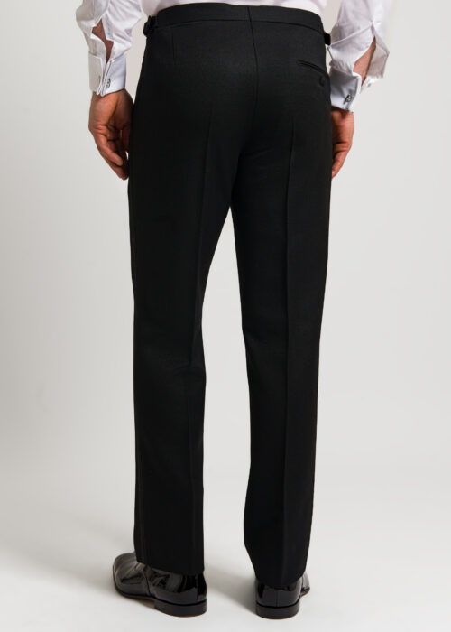 Back of men's black tuxedo trousers.