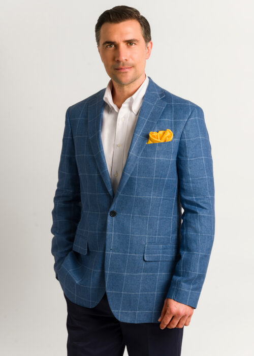 A smart tailored fit blue windowpane men's linen jacket.