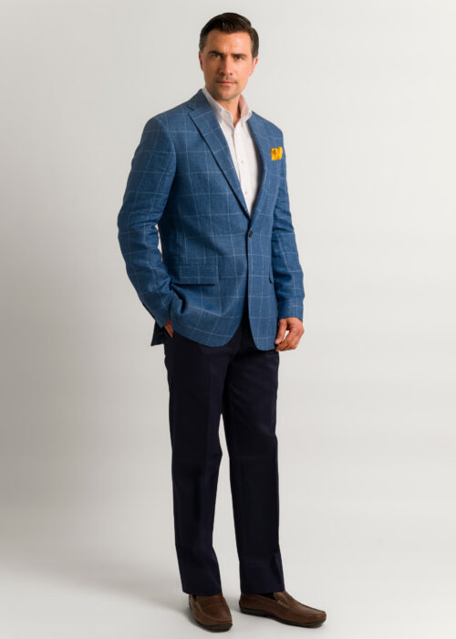 A men's blue windowpane check linen jacket.