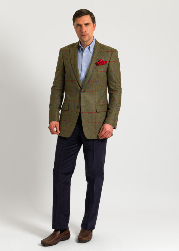 Men's windowpane green, royal blue and red wool jacket.