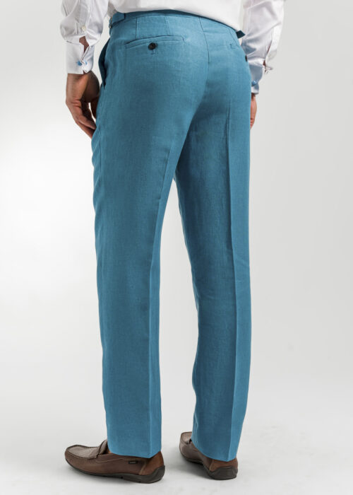 The back of men's teal linen trouser by Roderick Charles London.