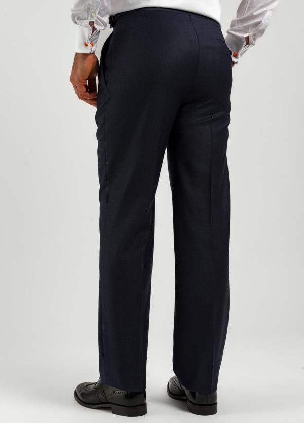 The back of a pair of Roderick Charles blue microcheck suit trousers.