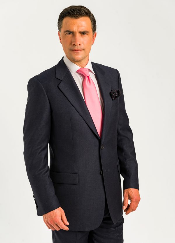 A men's classic fit Roderick Charles blue microcheck suit, paired with a pink silk tie, ideal for looking stylish and smart in or out of the office.