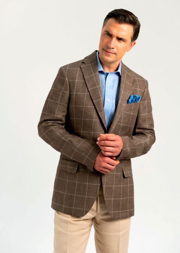 Men's linen checked linen tan jacket styled with light chinos