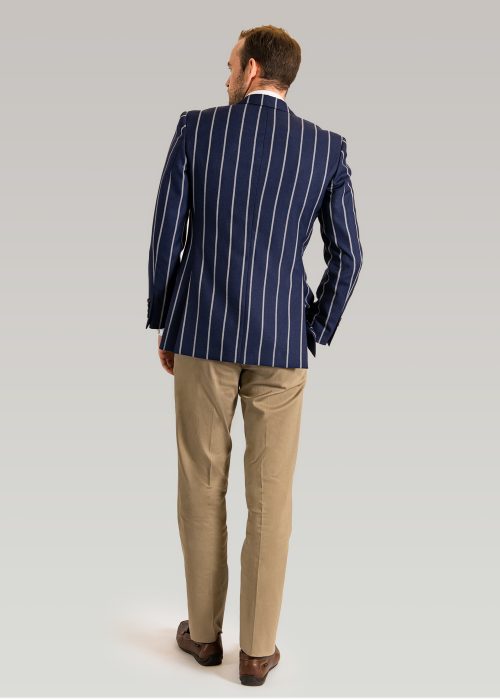 Back of men's striped navy and white blazer