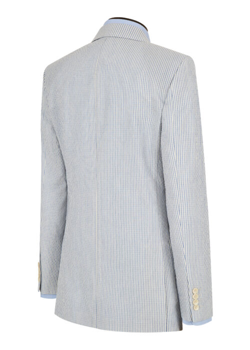 Back of a tailored fit light blue striped seersucker jacket