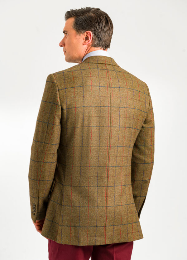 Back of a stylish Roderick Charles green jacket with a red and navy check