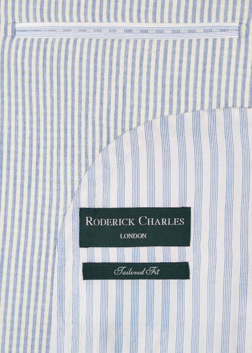 Lining of a Roderick Charles tailored light blue striped seersucker jacket