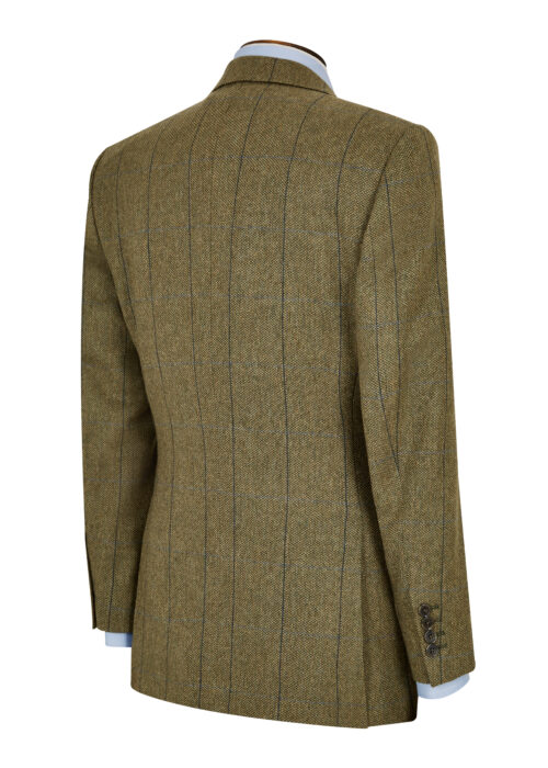 The back of a Roderick Charles tailored fit green jacket with a blue windowpane check