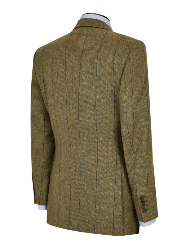 The back of a Roderick Charles tailored fit green jacket with a blue windowpane check