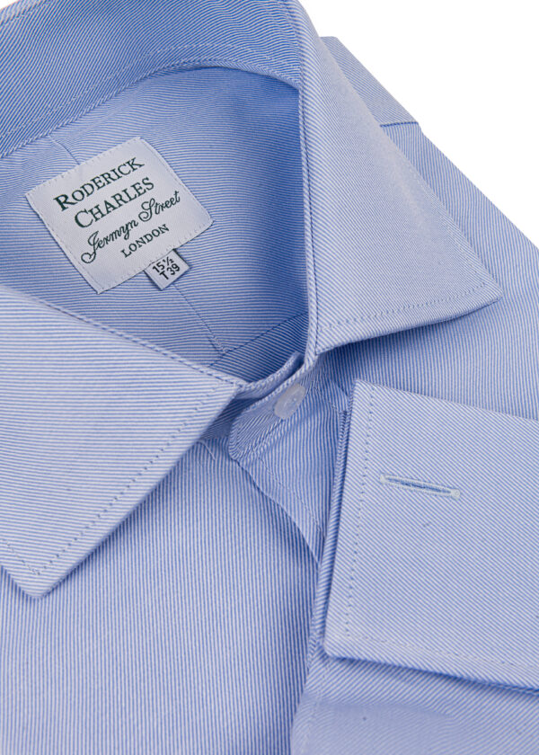 A simple blue Roderick Charles twill cotton shirt, with a subtle diagonal weave that gives a unique close-up look