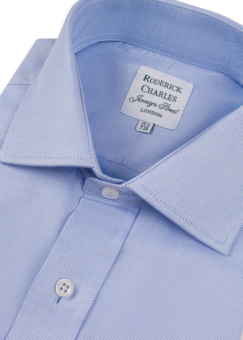 A simple blue Roderick Charles twill shirt, with a subtle diagonal weave that gives a unique close-up look