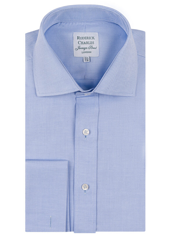 A simple Roderick Charles blue twill shirt, with a subtle diagonal weave that gives a unique close-up look