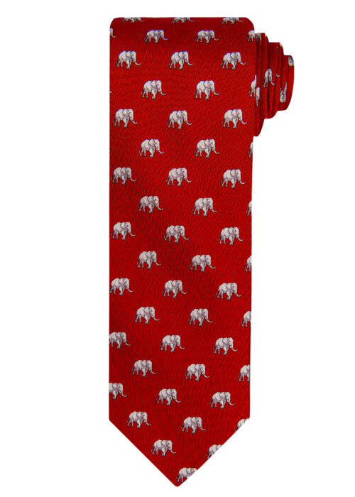 A Roderick Charles red silk tie with elephants