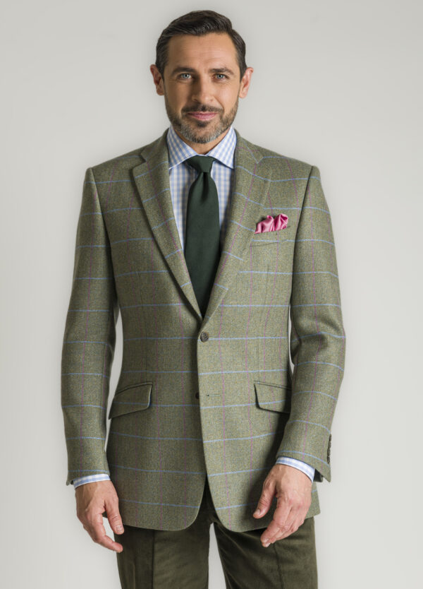 A tailored fit Roderick Charles classic-style tweed jacket, which has a sky and pink windowpane check and a herringbone weave