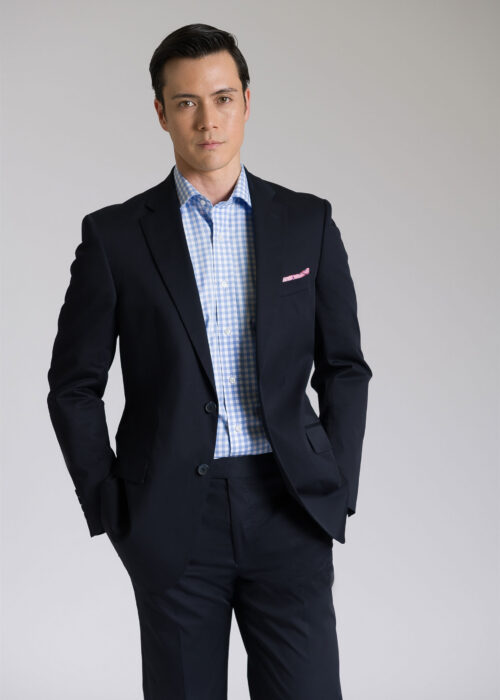 A sleek tailored fit navy cotton jacket