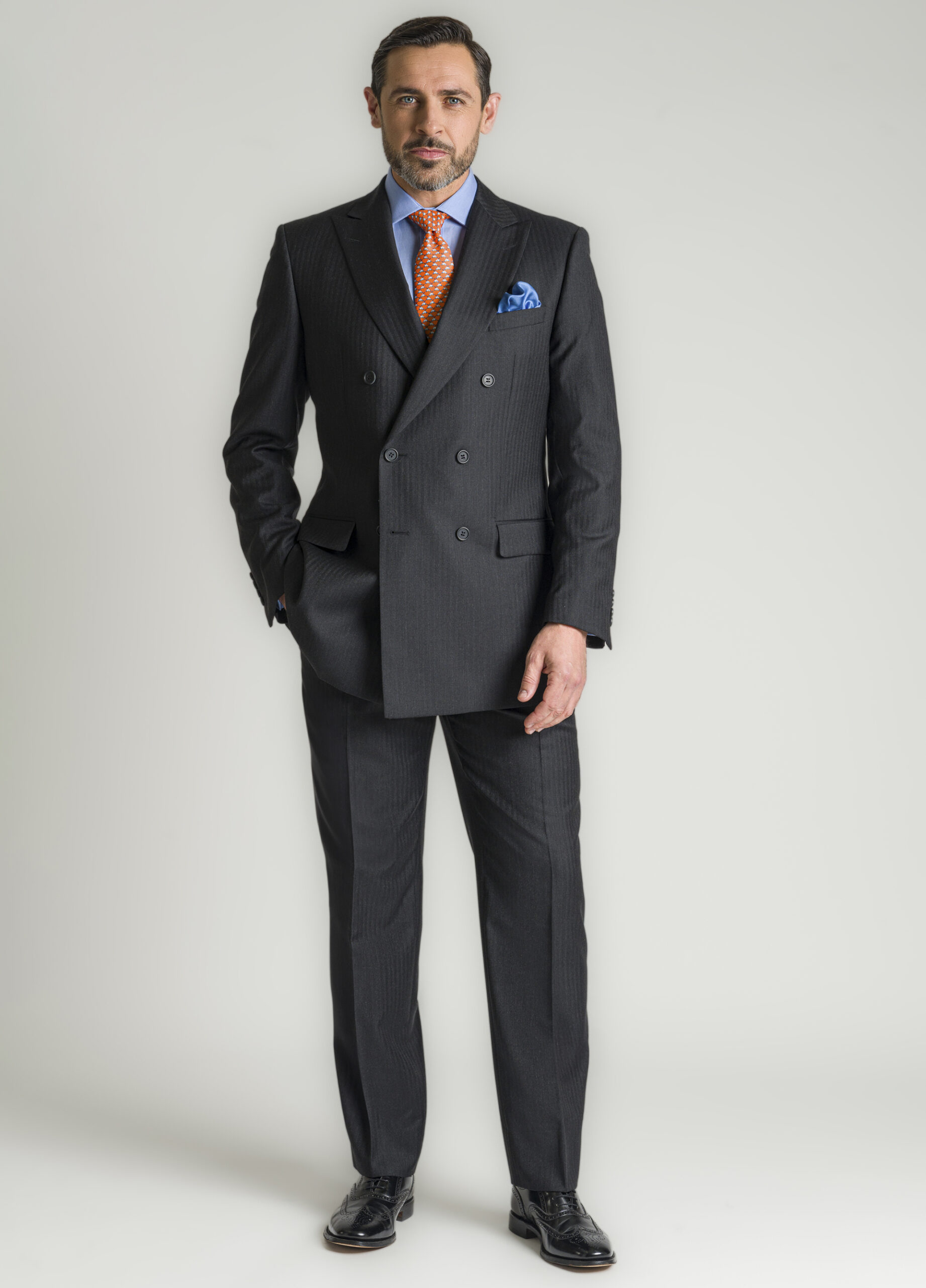 Double Breasted Fine Grey Herringbone Suit - Roderick Charles