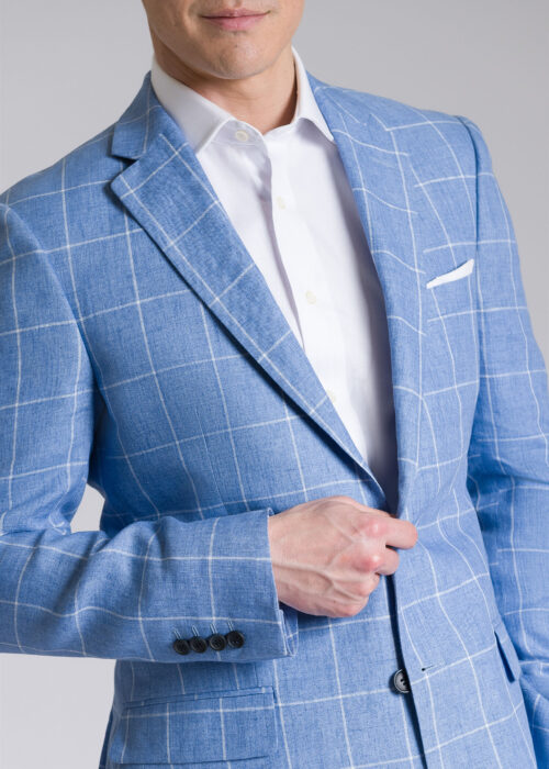 A lightweight tailored fit sky blue windowpane linen jacket