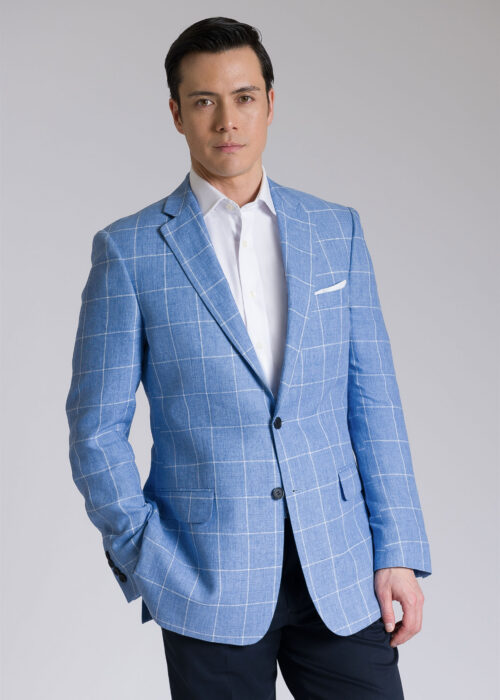 A Roderick Charles lightweight tailored fit sky blue windowpane linen jacket