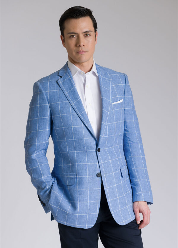 A Roderick Charles lightweight tailored fit sky blue windowpane linen jacket