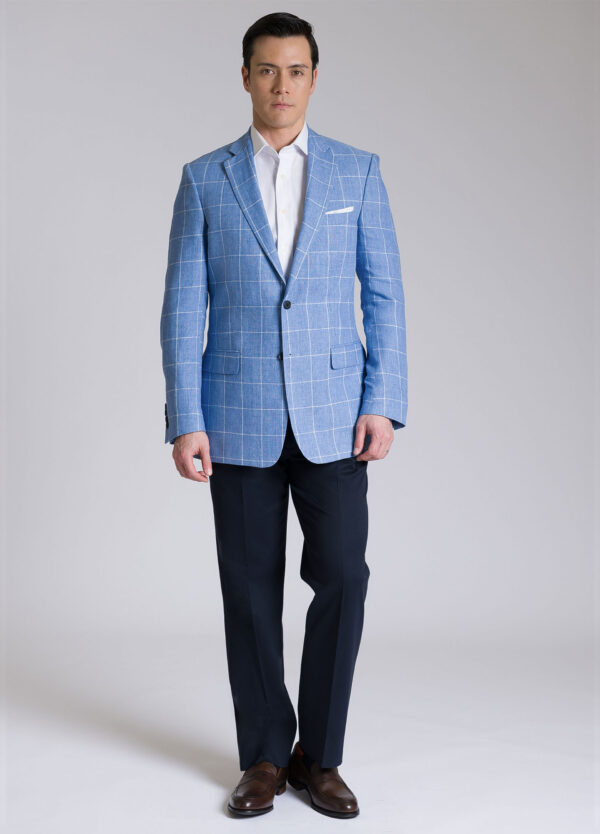 A smart and summery lightweight tailored fit sky blue windowpane linen jacket